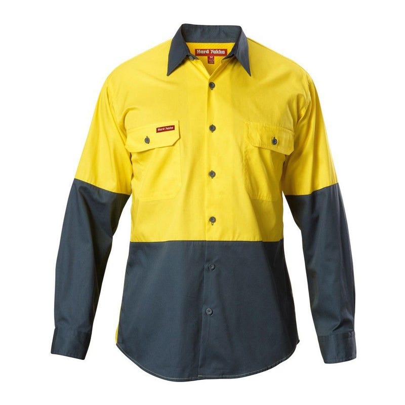 Hard Yakka Hi-visibility Two Tone Cotton Drill Shirt Long Sleeve Y07982 Work Wear Hard Yakka Yellow/Green (YGR) S 